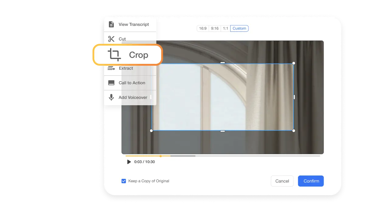 Crop video at any level with Visla. Crop video projects or individual clips for platform-specific formats.